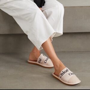 CHLOE WOODY LOGOED CANVAS & LEATHER WHITE MULE SLIPPERS Sz. 38/ US 8